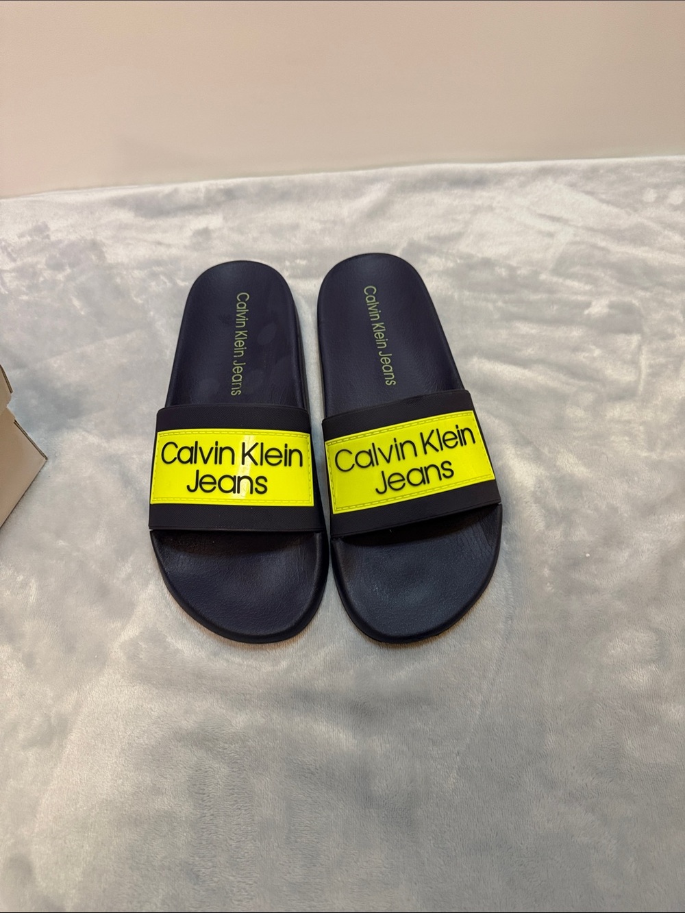 Men’s Calvin Klein Jeans Black Slides with Neon Yellow Logo Band